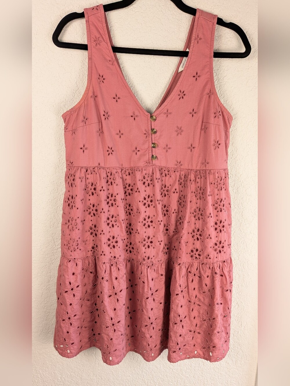American Eagle Cotton Eyelet Mini Dress S Soft Pink Sleeveless Lined Pockets